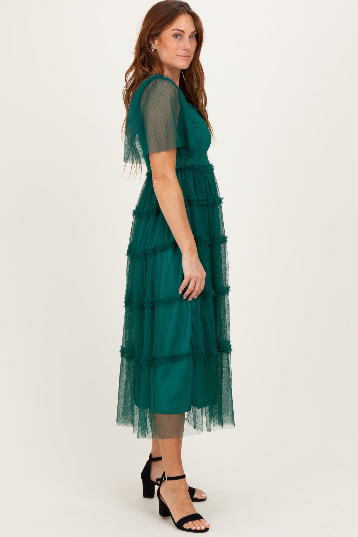 emerald green ruffle dress Carmen Ruffle Ankle Gown