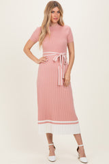 Mauve Knit Pleated Sash Tie Midi Dress