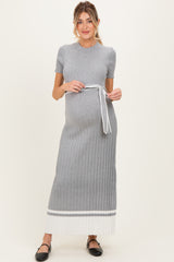 Heather Grey Knit Pleated Sash Tie Maternity Midi Dress