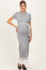 Heather Grey Knit Pleated Sash Tie Maternity Midi Dress