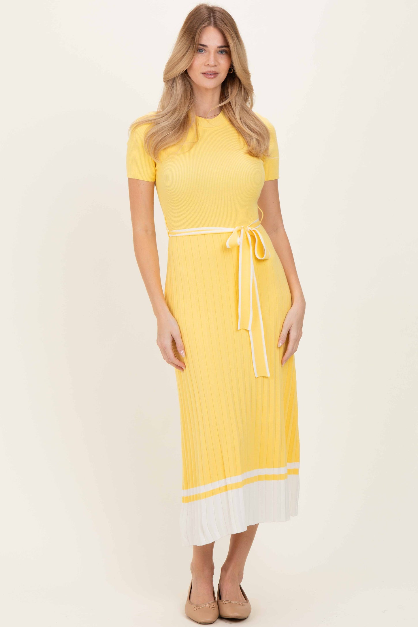 Yellow Knit Pleated Sash Tie Maternity Midi Dress
