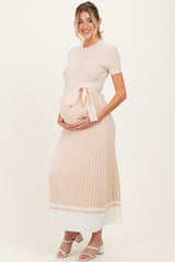 Beige Knit Pleated Sash Tie Maternity Midi Dress