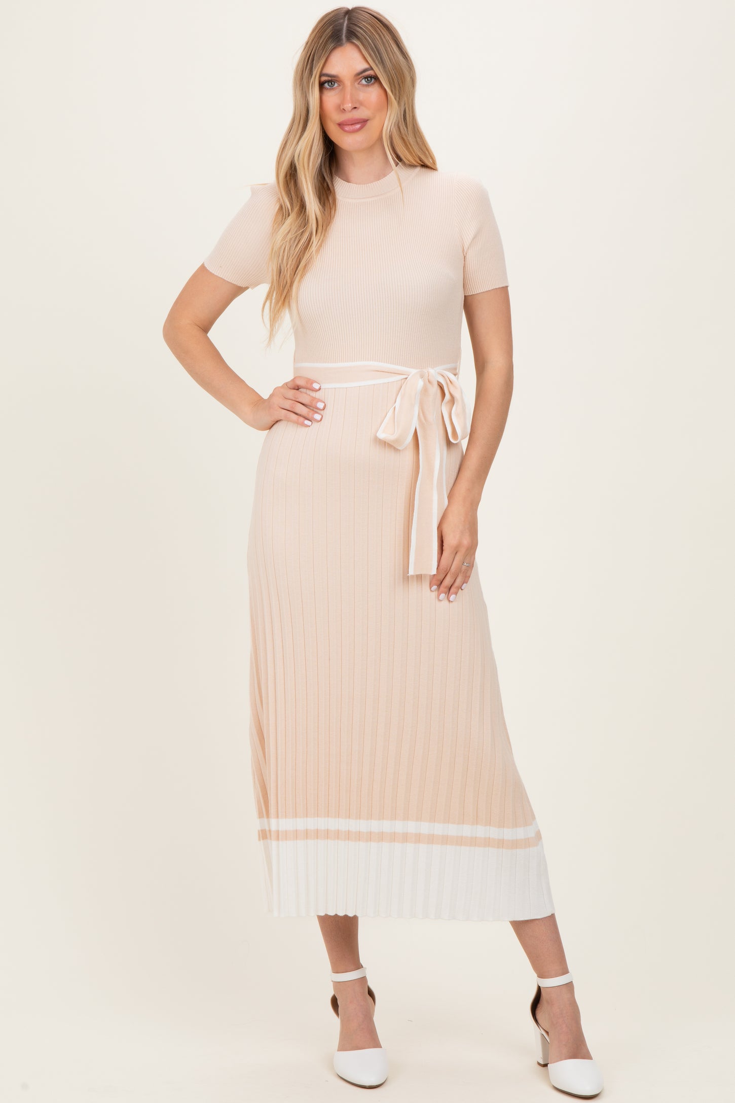 Beige Knit Pleated Sash Tie Maternity Midi Dress