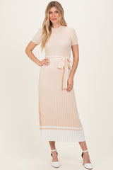 Beige Knit Pleated Sash Tie Maternity Midi Dress