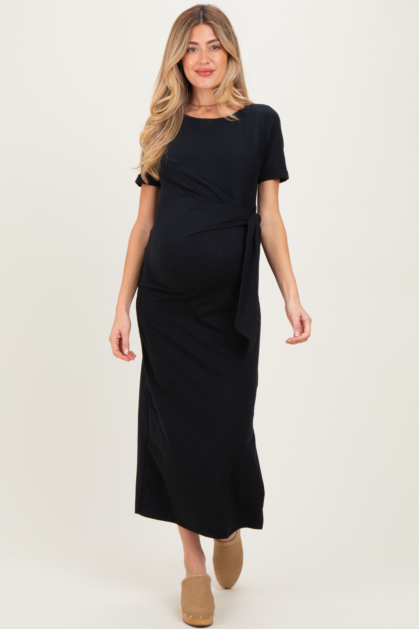 Black Short Sleeve Waist Tie Side Slit Maternity Maxi Dress – PinkBlush