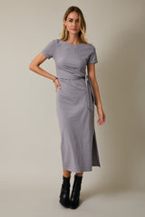 Grey Short Sleeve Waist Tie Side Slit Maxi Dress