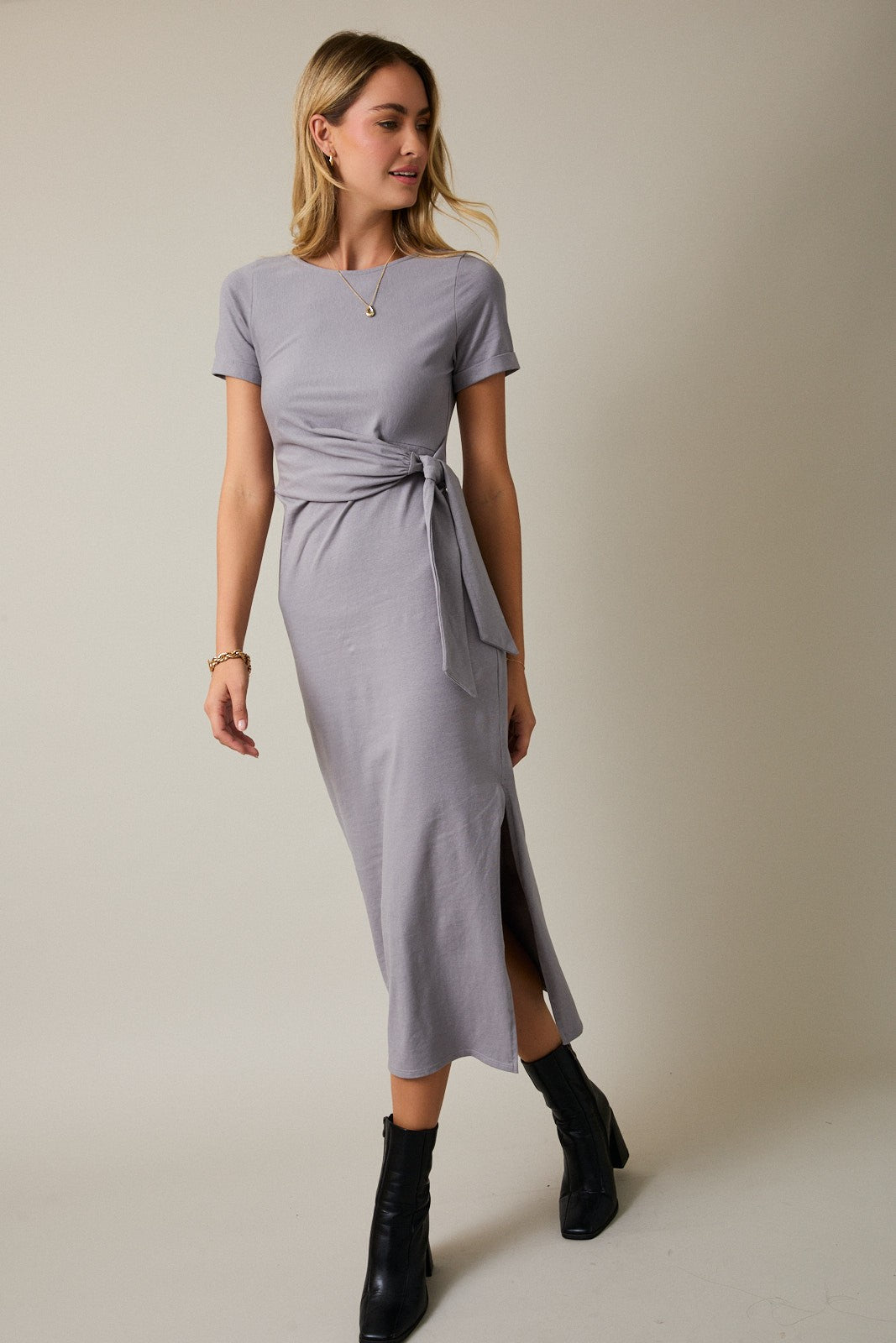 Grey Short Sleeve Waist Tie Side Slit Maxi Dress