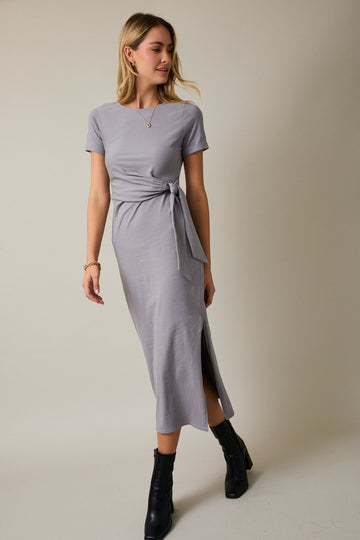 Grey Short Sleeve Waist Tie Side Slit Maxi Dress