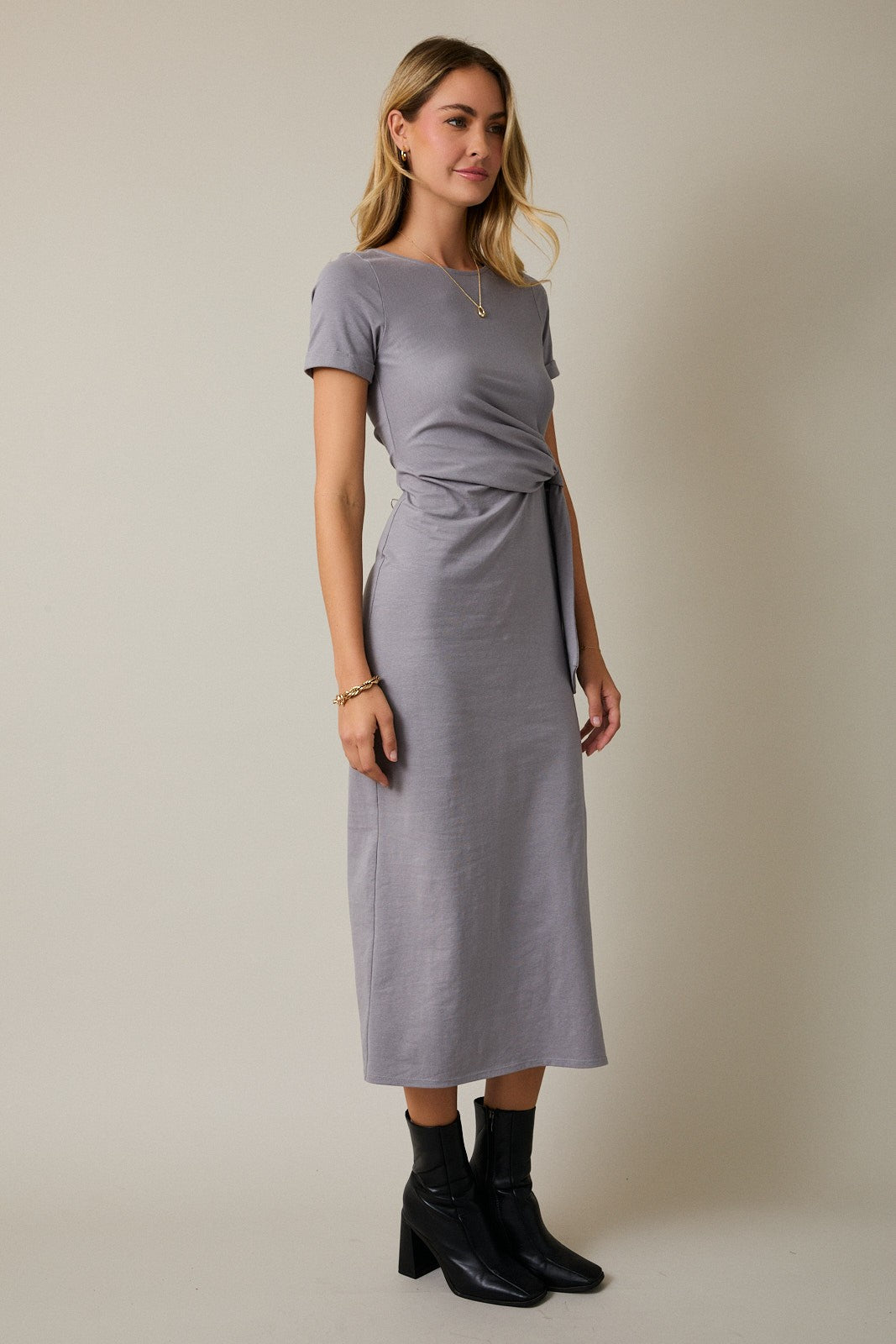 Grey Short Sleeve Waist Tie Side Slit Maxi Dress