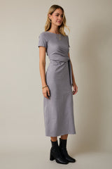 Grey Short Sleeve Waist Tie Side Slit Maxi Dress