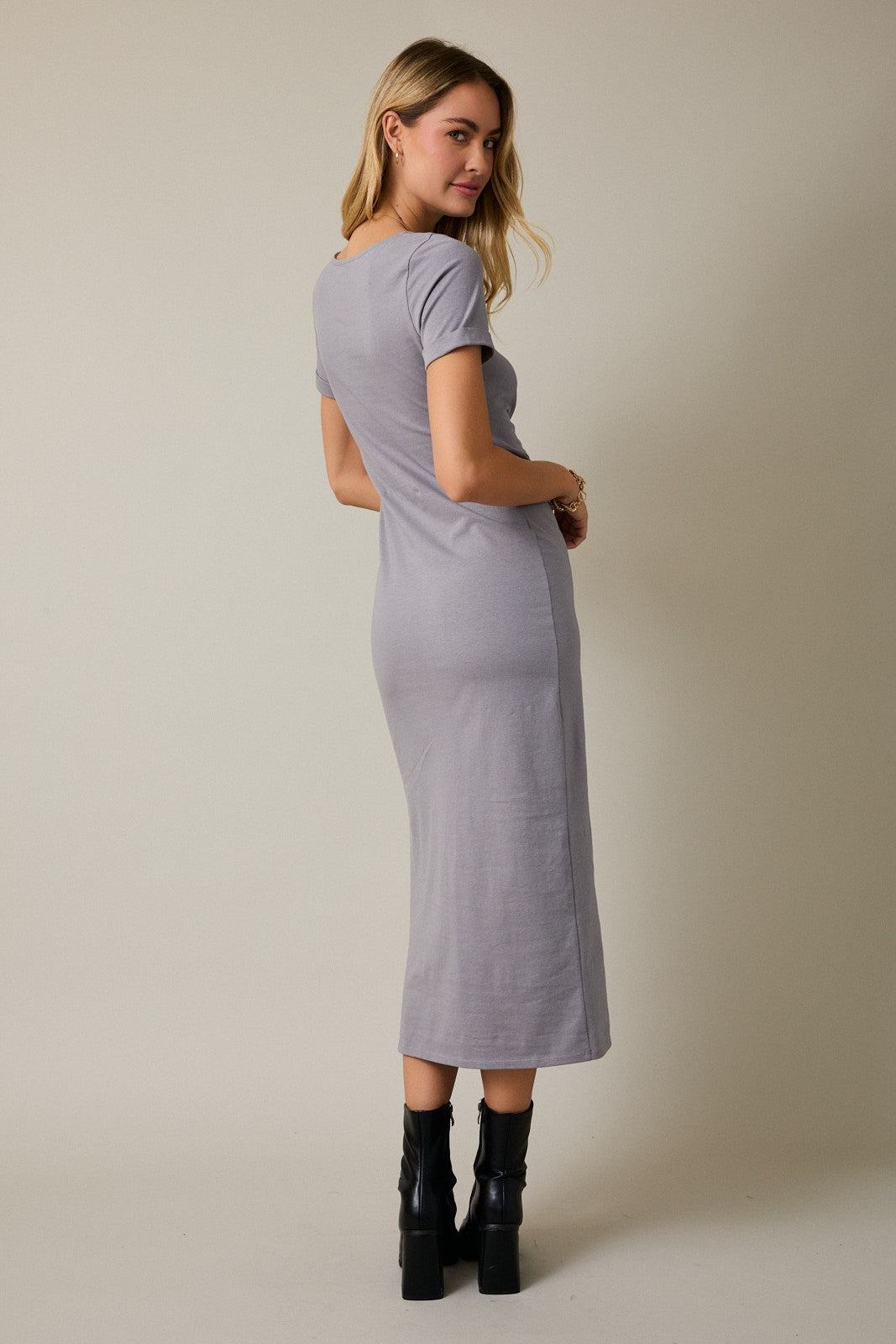Grey Short Sleeve Waist Tie Side Slit Maxi Dress