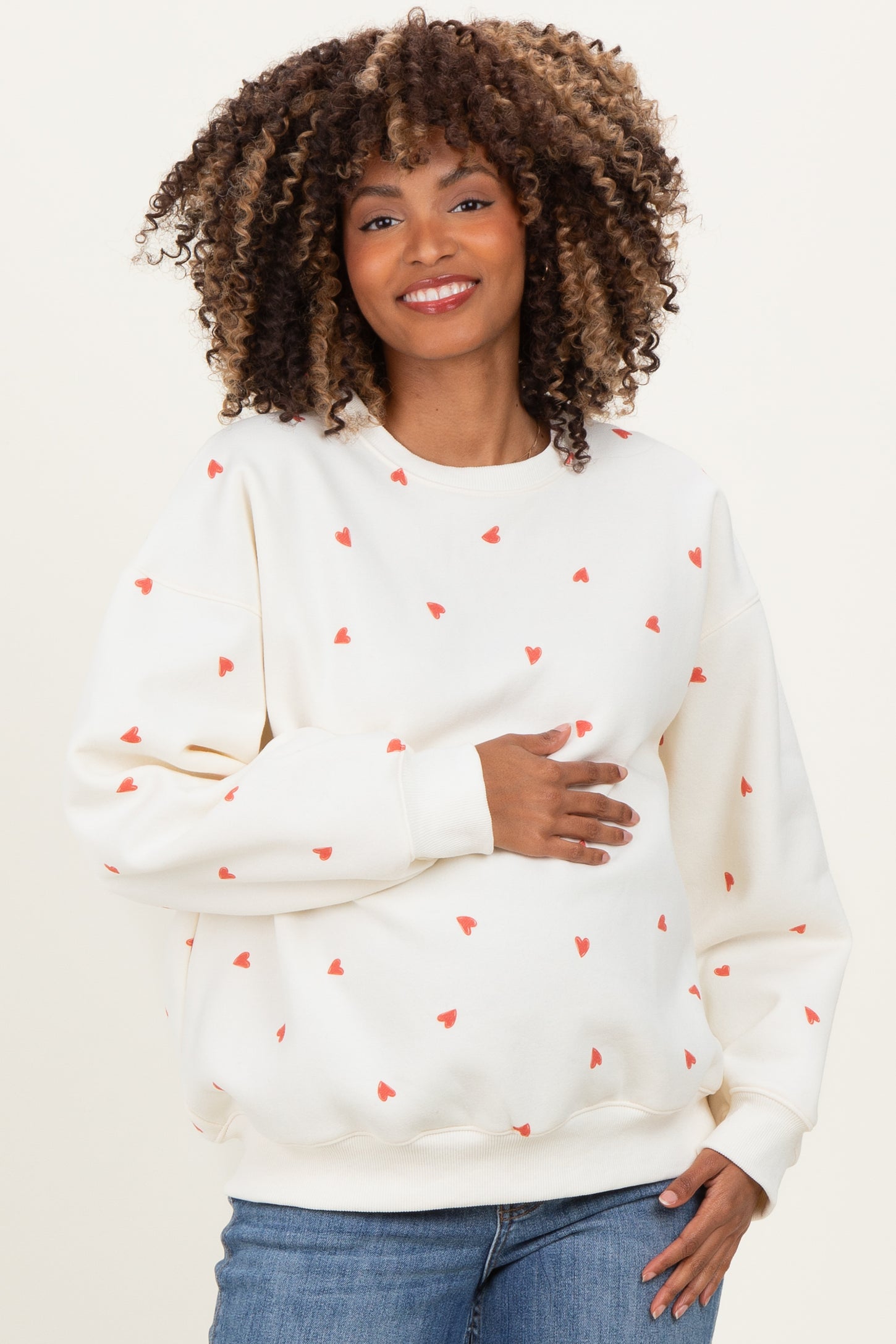 Cream Crew Neck Heart Print Maternity Sweatshirt