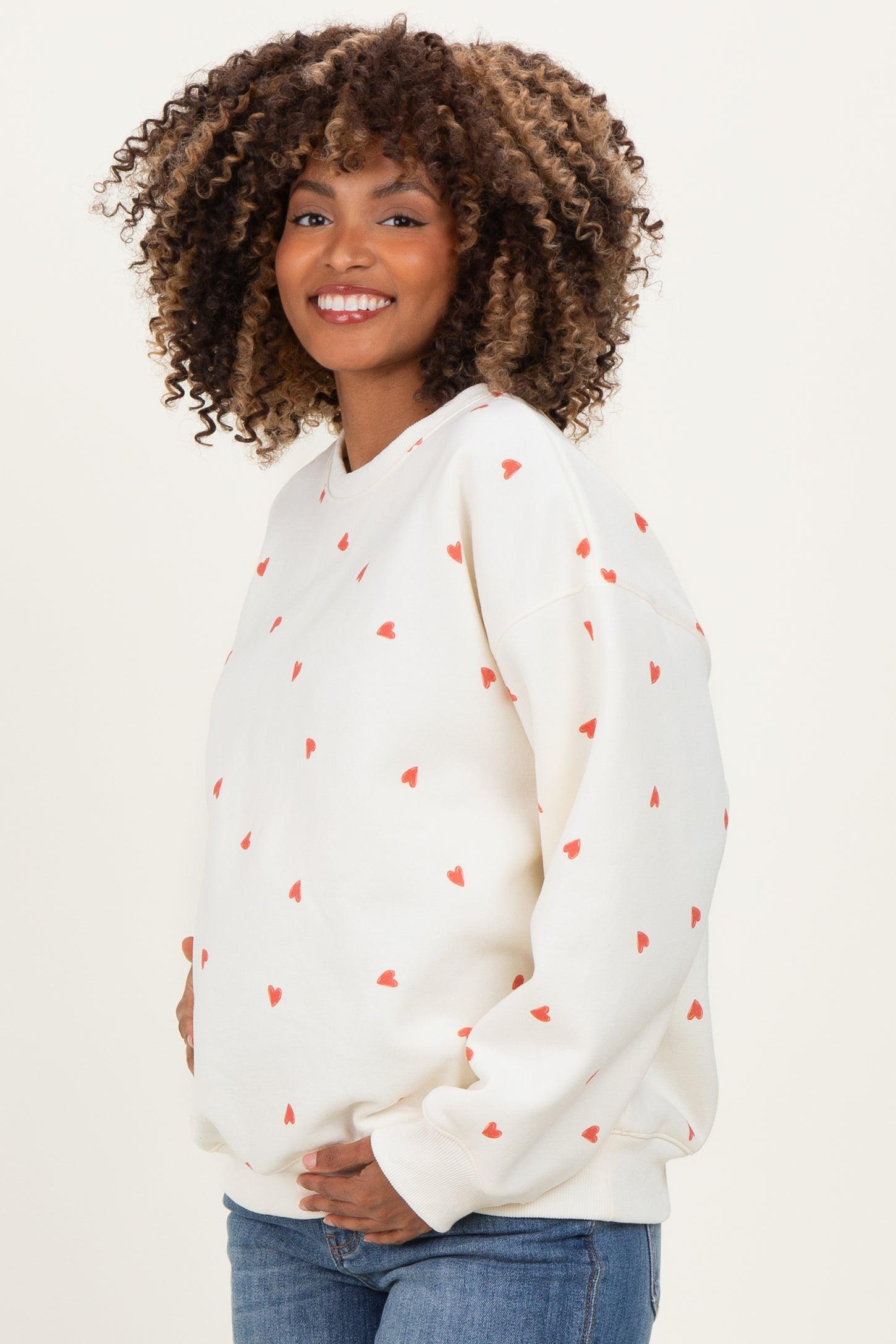 Cream Crew Neck Heart Print Maternity Sweatshirt