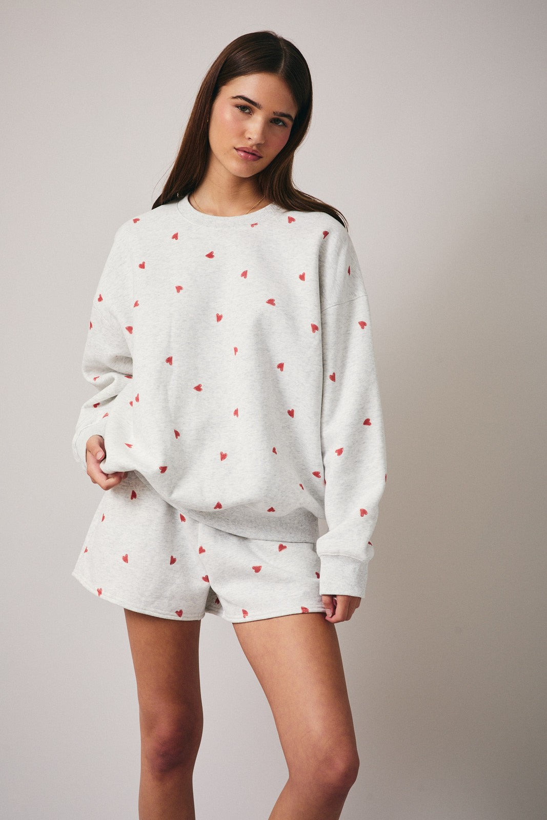 Heather Grey Crew Neck Heart Print Sweatshirt