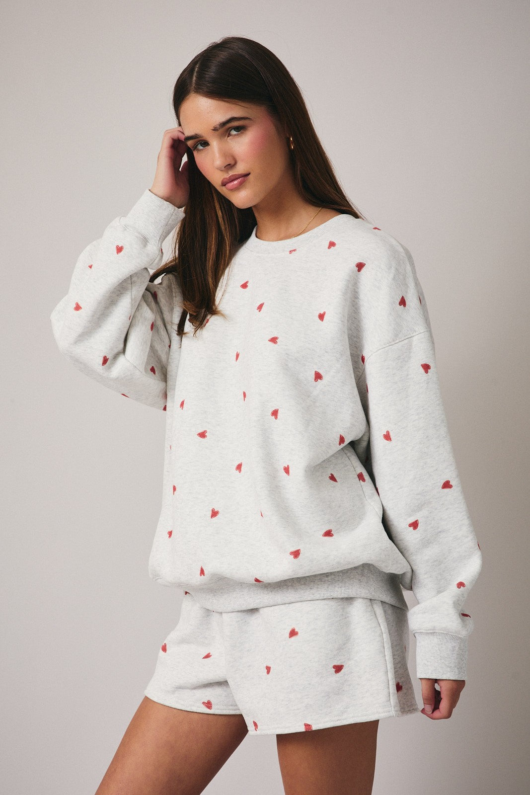 Heather Grey Crew Neck Heart Print Sweatshirt