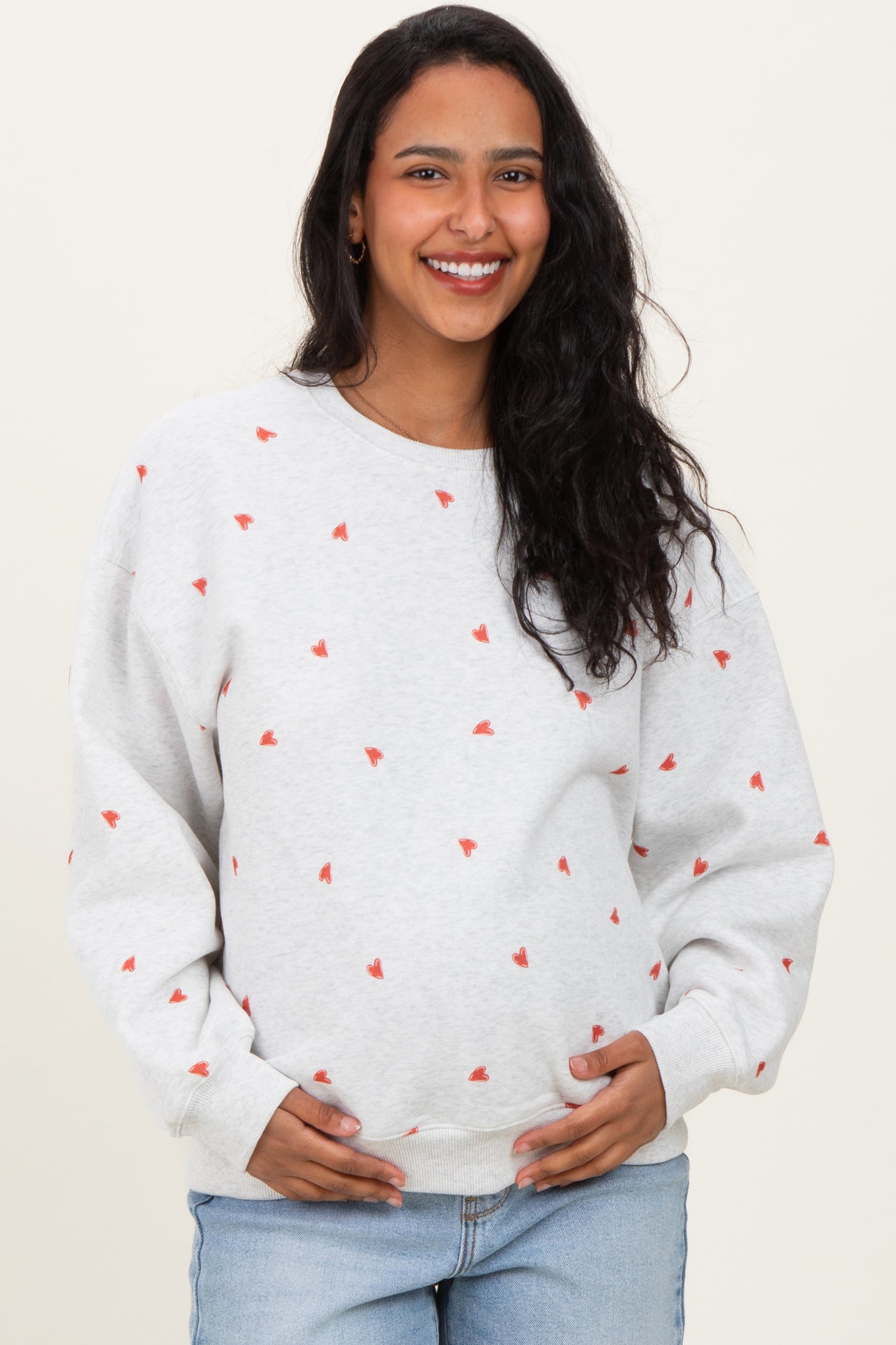 Heather Grey Crew Neck Heart Print Maternity Sweatshirt