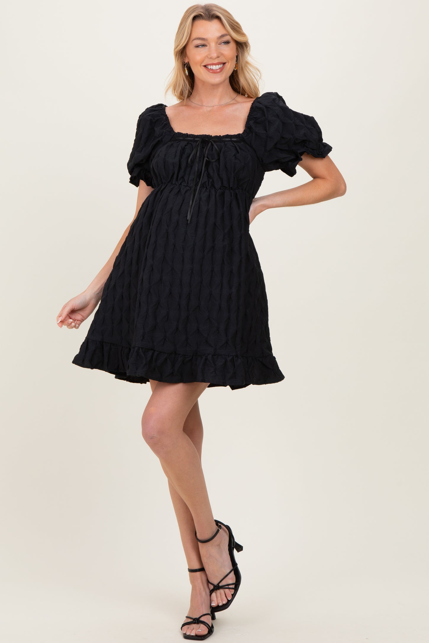 Black Textured Puff Sleeve Maternity Dress