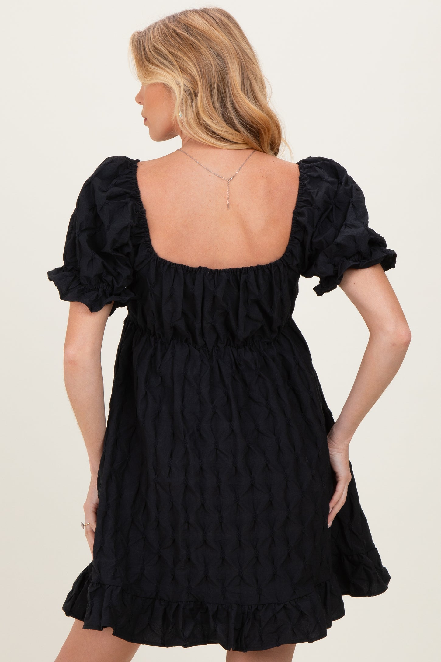 Black Textured Puff Sleeve Maternity Dress