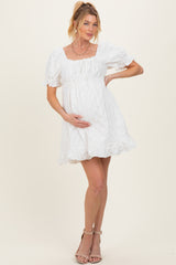 White Textured Puff Sleeve Maternity Dress