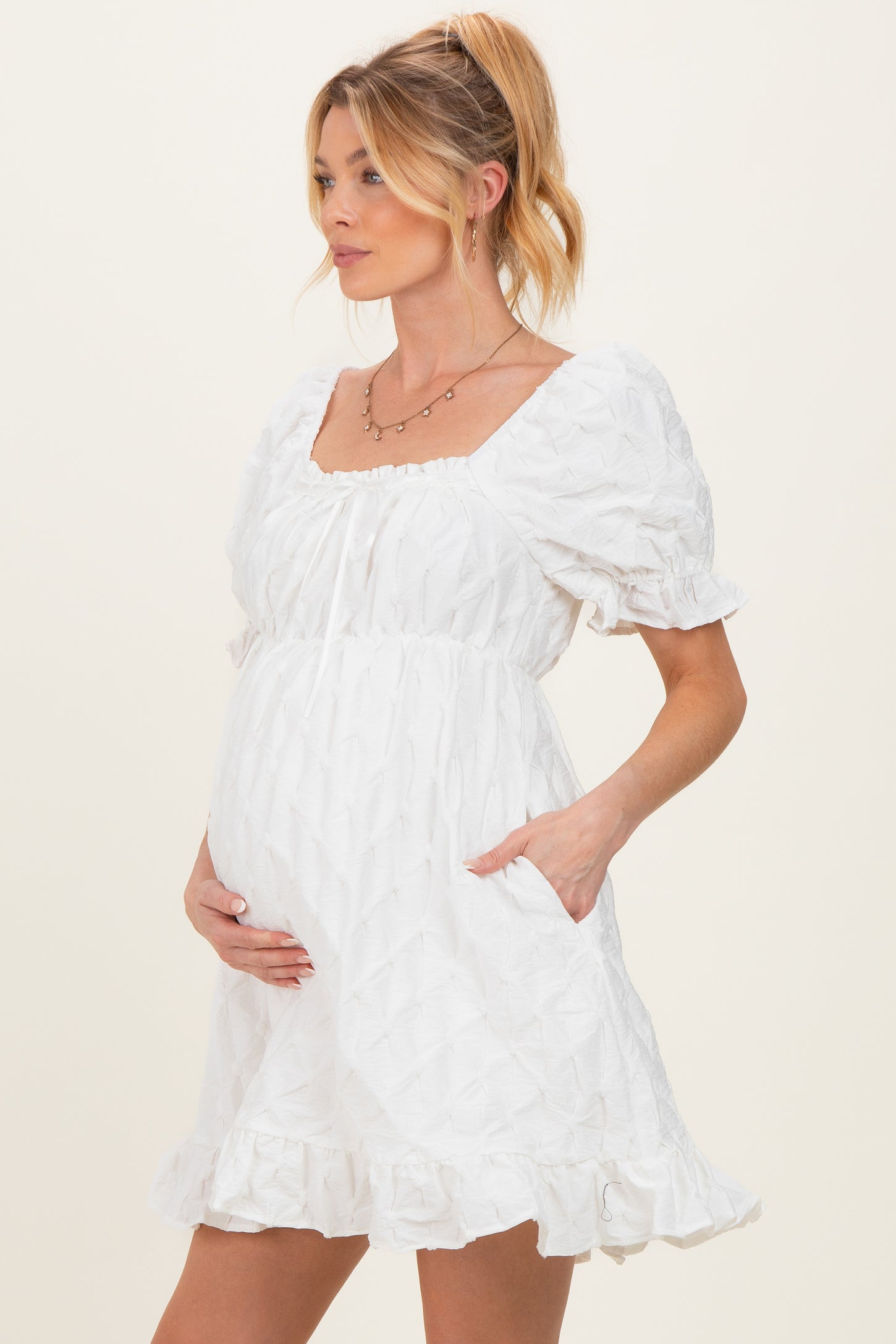 White Textured Puff Sleeve Maternity Dress