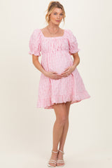 Pink Textured Puff Sleeve Maternity Dress