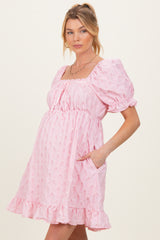 Pink Textured Puff Sleeve Maternity Dress