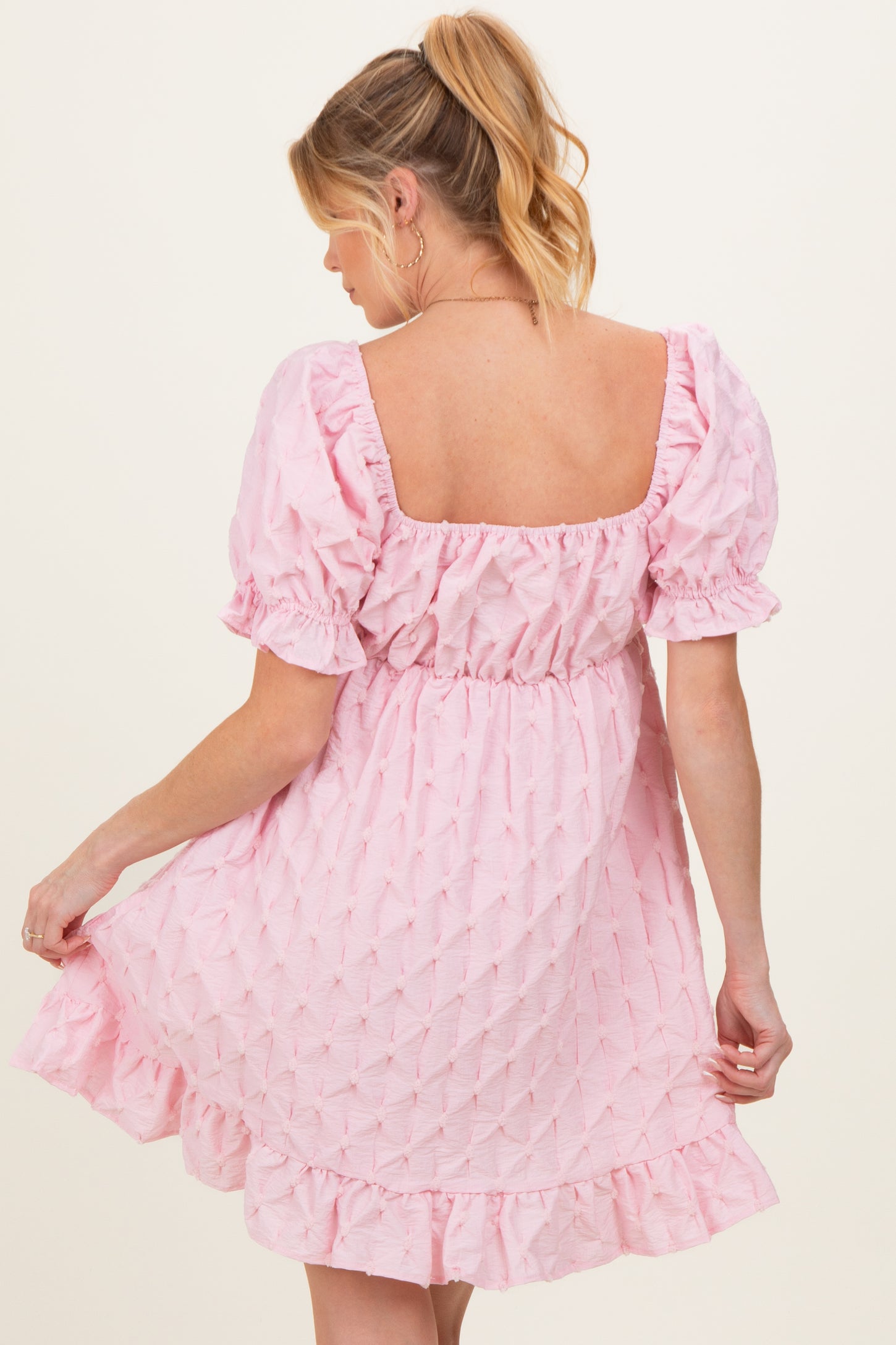 Pink Textured Puff Sleeve Maternity Dress