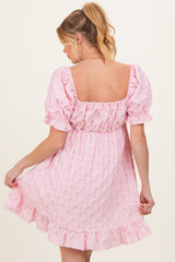 Pink Textured Puff Sleeve Maternity Dress