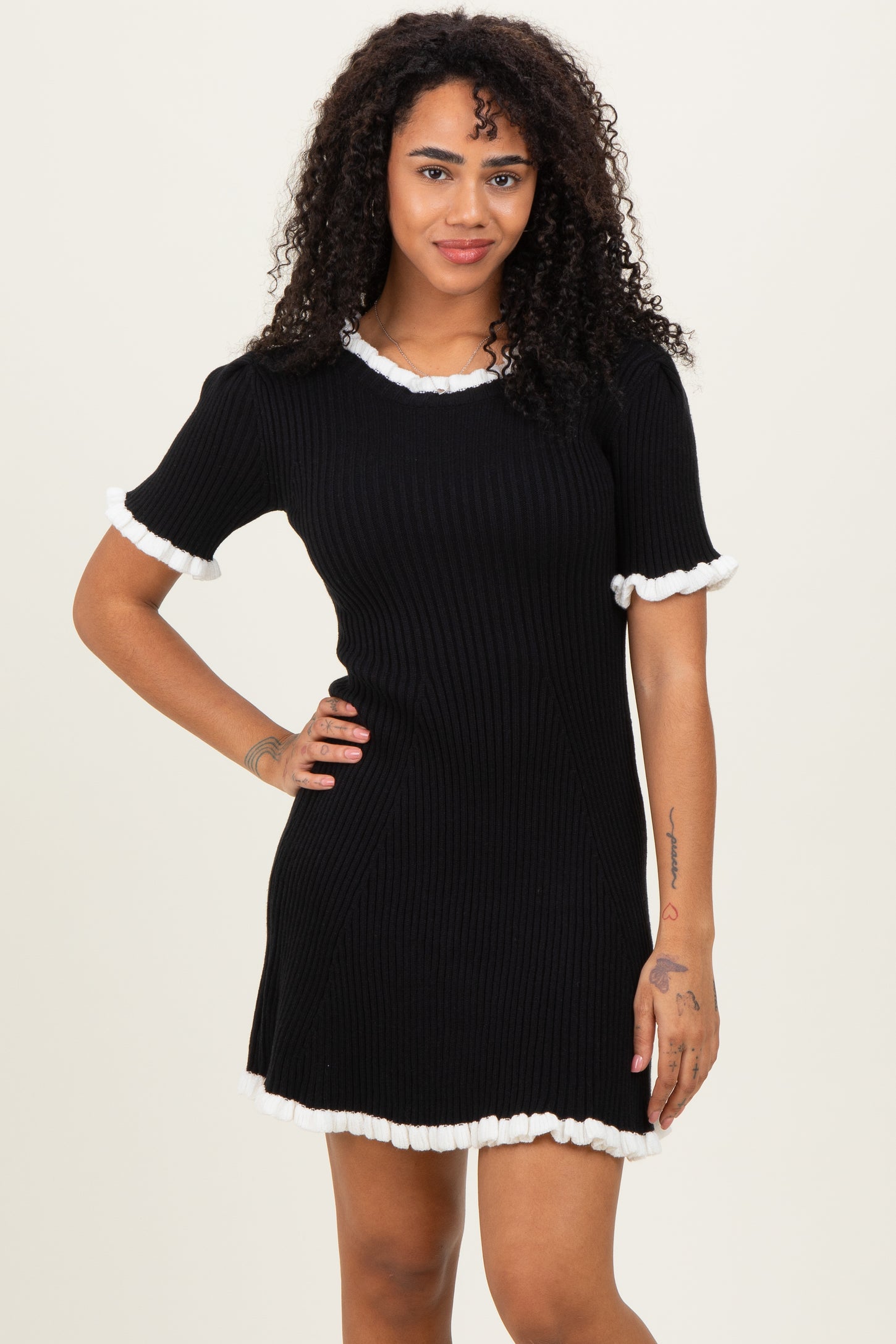 Black Ribbed Knit Ruffle Trim Mini Dress – PinkBlush