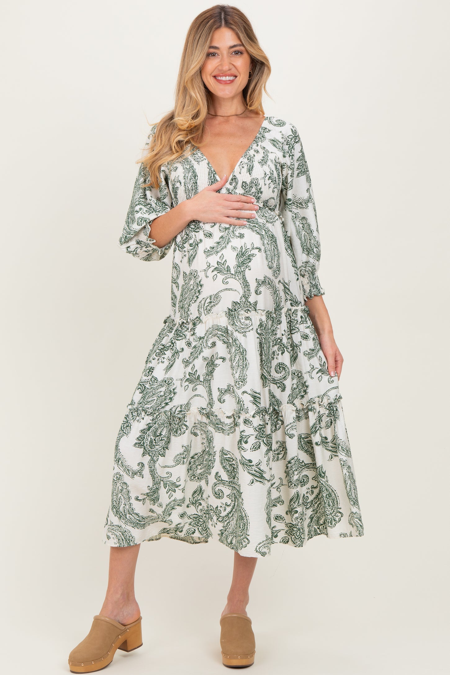 Olive Damask Smocked Ruffle Tier Maternity Midi Dresses