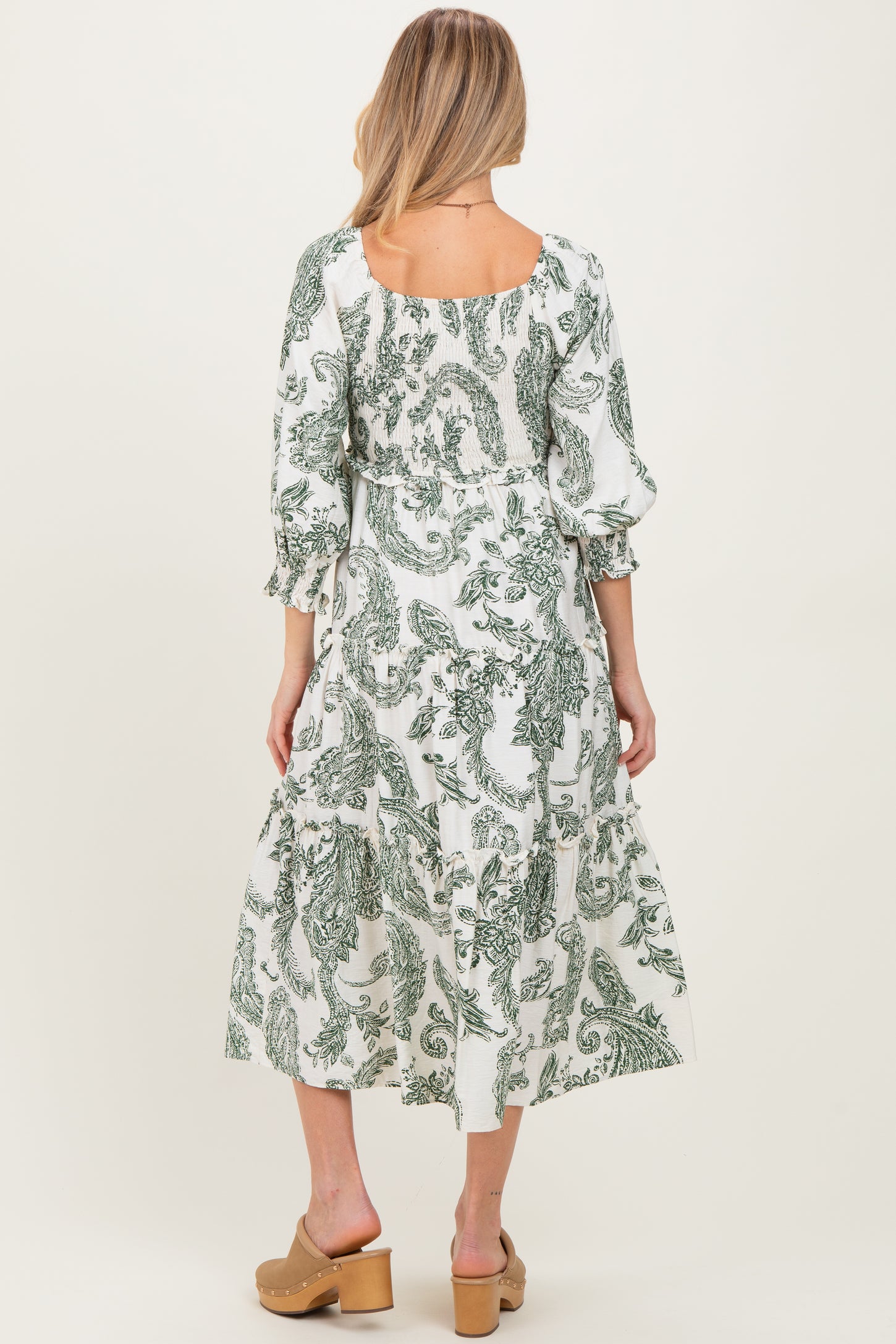 Olive Damask Smocked Ruffle Tier Maternity Midi Dresses