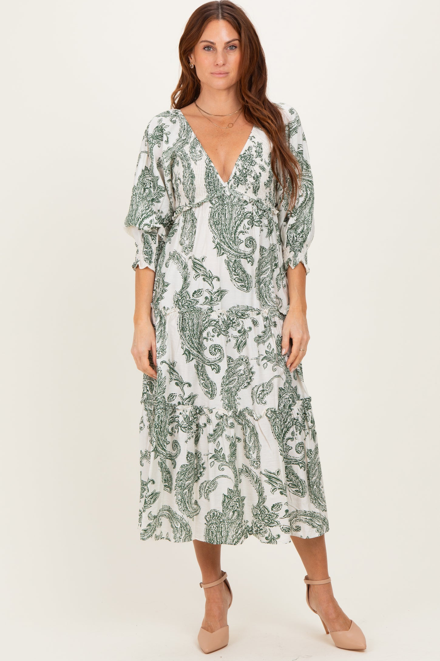 Olive Damask Smocked Ruffle Tier Maternity Midi Dresses