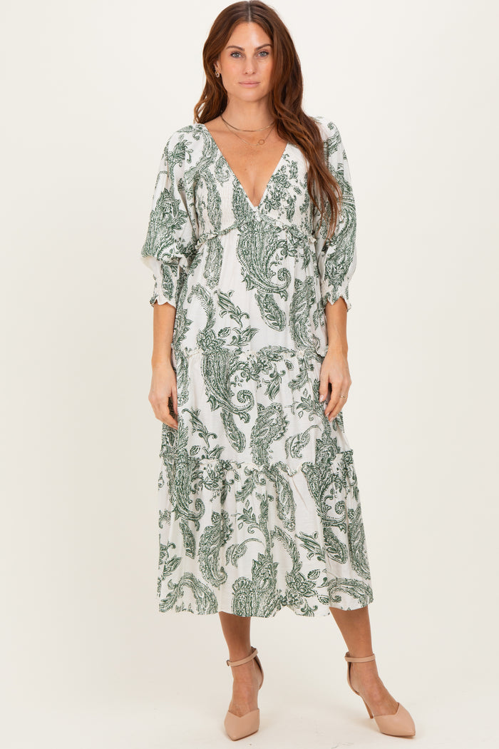 Olive Damask Smocked Ruffle Tier Maternity Midi Dresses