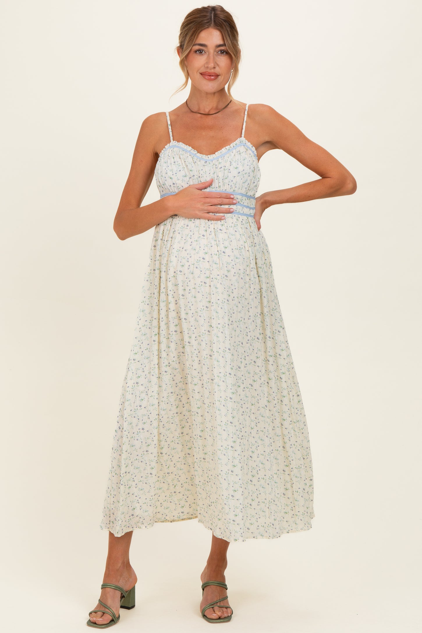 Cream Floral Contrast Trim Sleeveless Maternity Maxi Dress