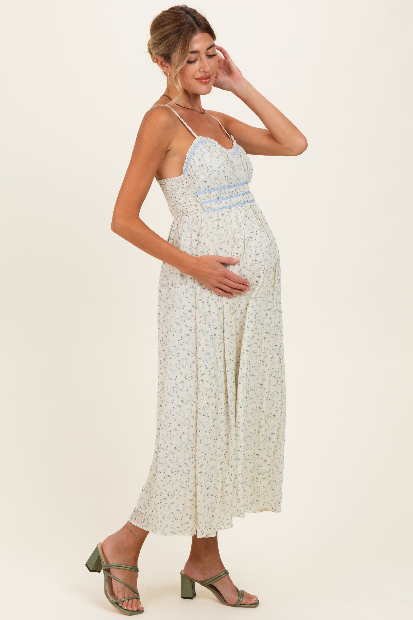 Cream Floral Contrast Trim Sleeveless Maternity Maxi Dress