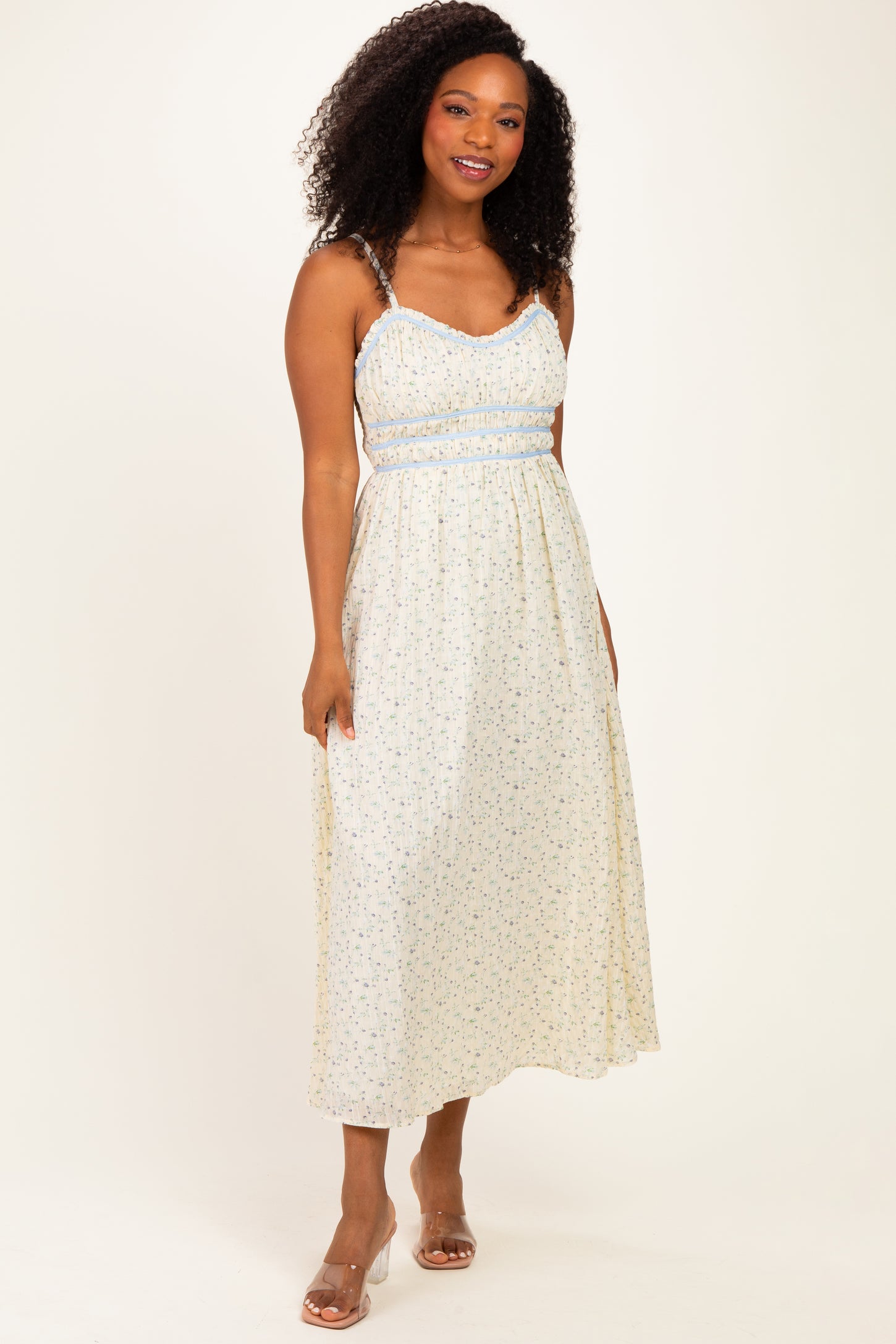 Cream Floral Contrast Trim Sleeveless Maxi Dress