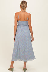 Light Blue Floral Contrast Trim Sleeveless Maternity Maxi Dress