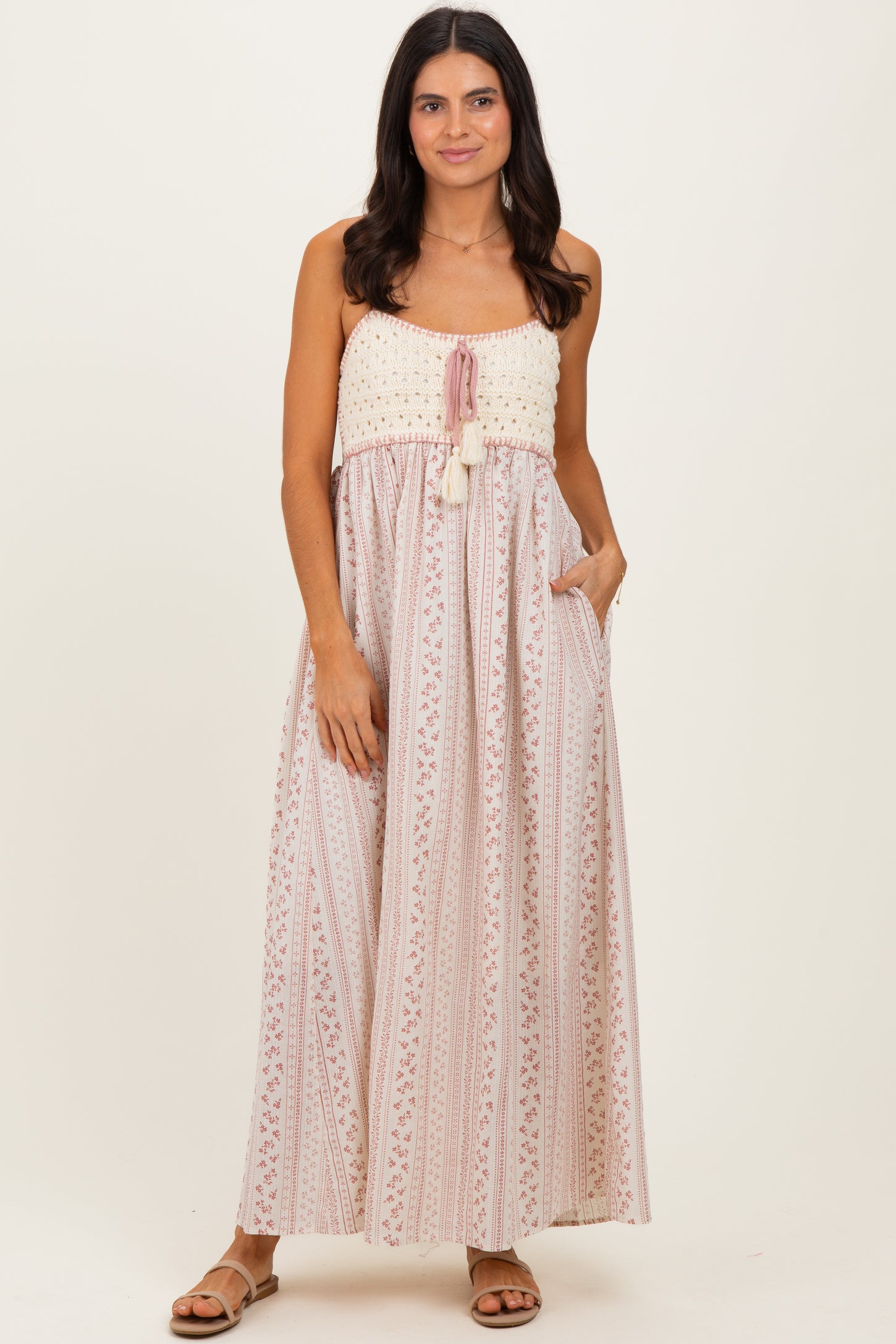 Dusty Pink Bohemian Dream Crochet Cotton Maternity Maxi Dress