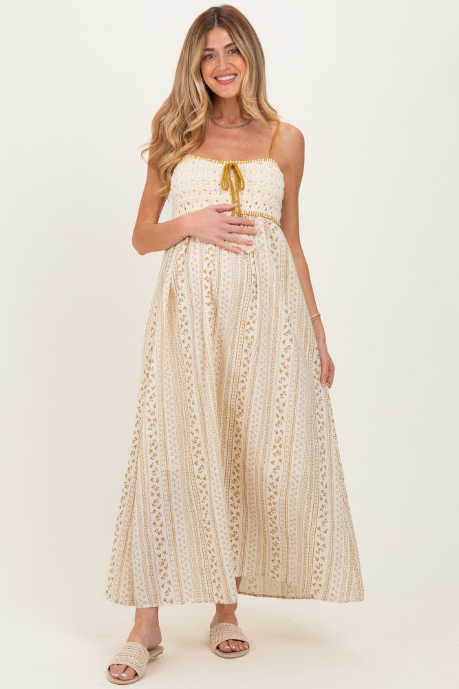 Gold Bohemian Dream Crochet Cotton Maternity Maxi Dress Gold Bohemian Dream Crochet Cotton Maternity Maxi Dress