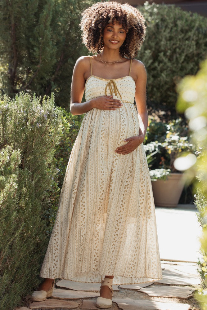 Gold Bohemian Dream Crochet Cotton Maternity Maxi Dress Gold Bohemian Dream Crochet Cotton Maternity Maxi Dress