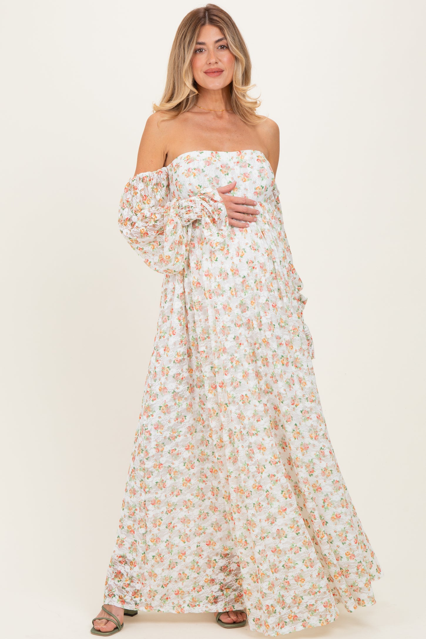 Orange Floral Lace Smocked Long Sleeve Off Shoulder Maternity Maxi Dress