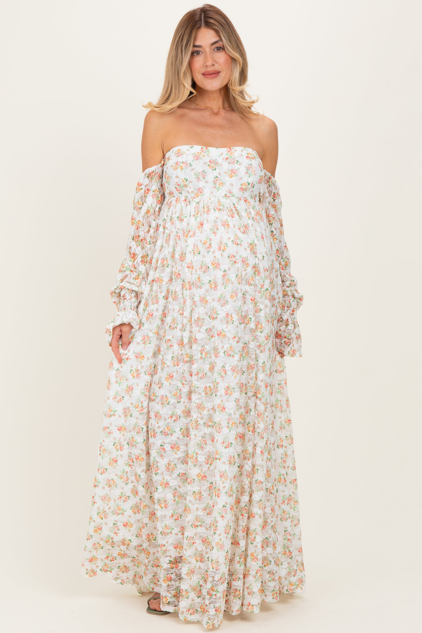 Orange Floral Lace Smocked Long Sleeve Off Shoulder Maternity Maxi Dress