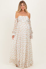 Orange Floral Lace Smocked Long Sleeve Off Shoulder Maternity Maxi Dress