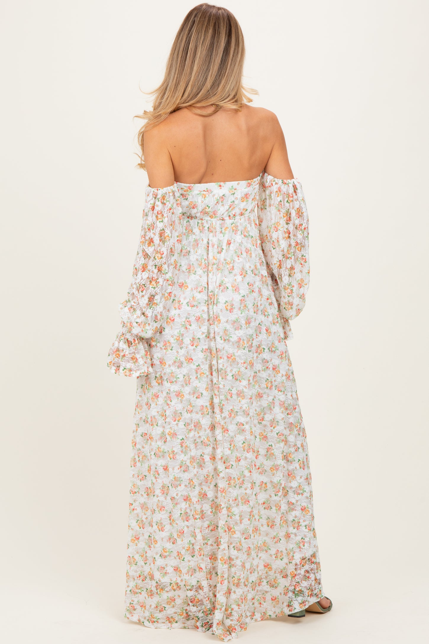 Orange Floral Lace Smocked Long Sleeve Off Shoulder Maternity Maxi Dress