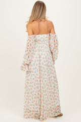 Orange Floral Lace Smocked Long Sleeve Off Shoulder Maternity Maxi Dress