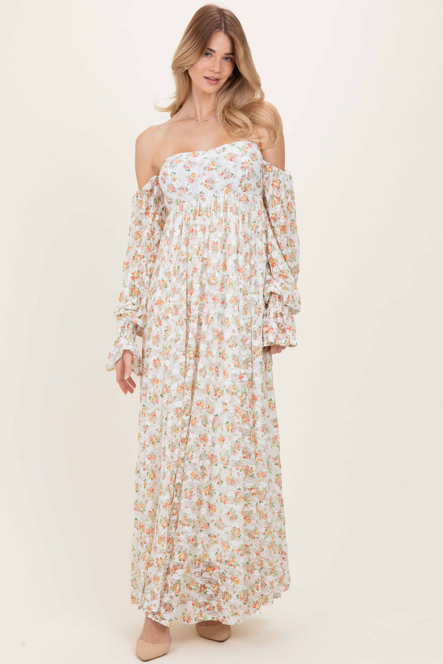 Orange Floral Lace Smocked Long Sleeve Off Shoulder Maternity Maxi Dress