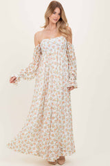 Orange Floral Lace Smocked Long Sleeve Off Shoulder Maxi Dress