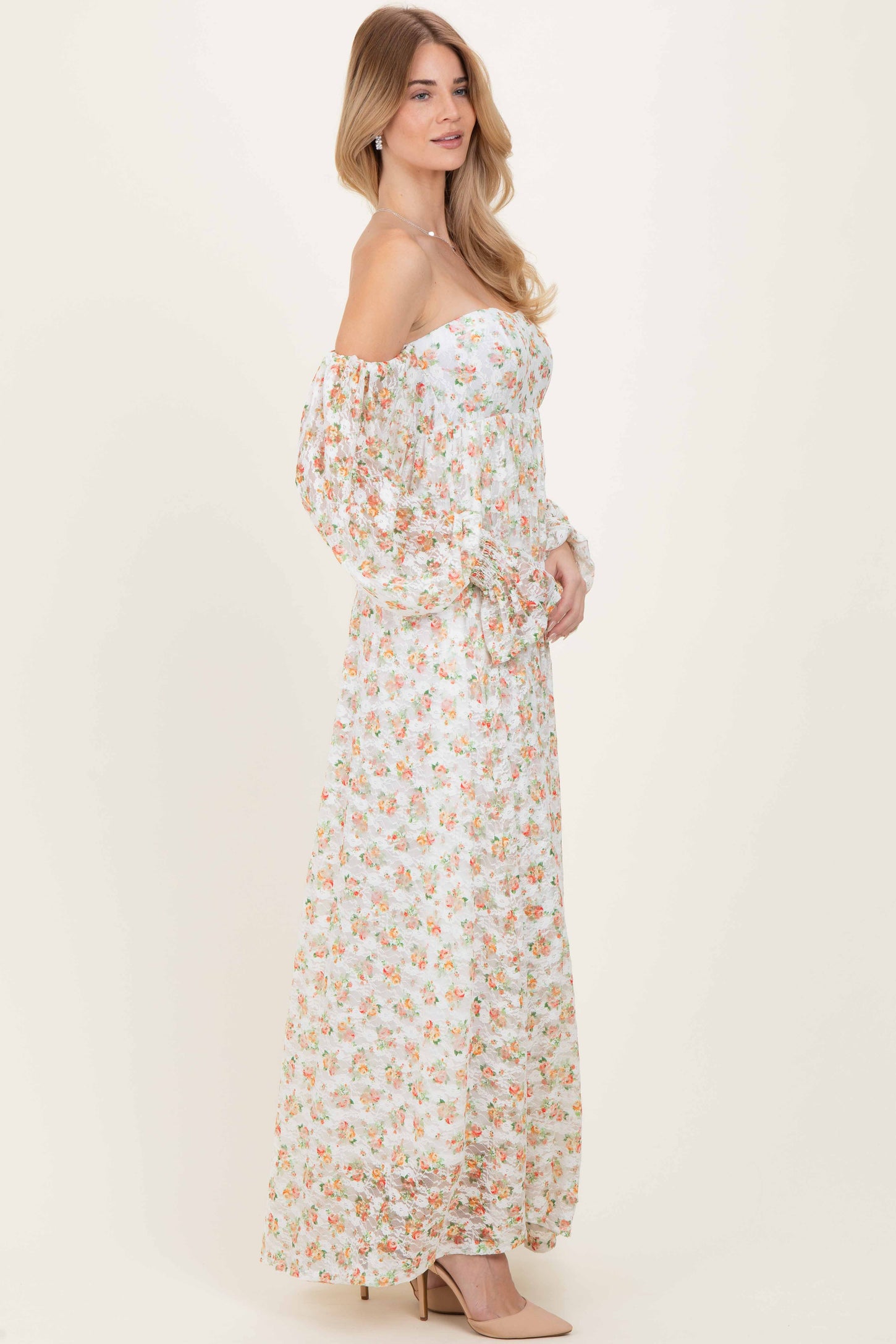 Orange Floral Lace Smocked Long Sleeve Off Shoulder Maxi Dress