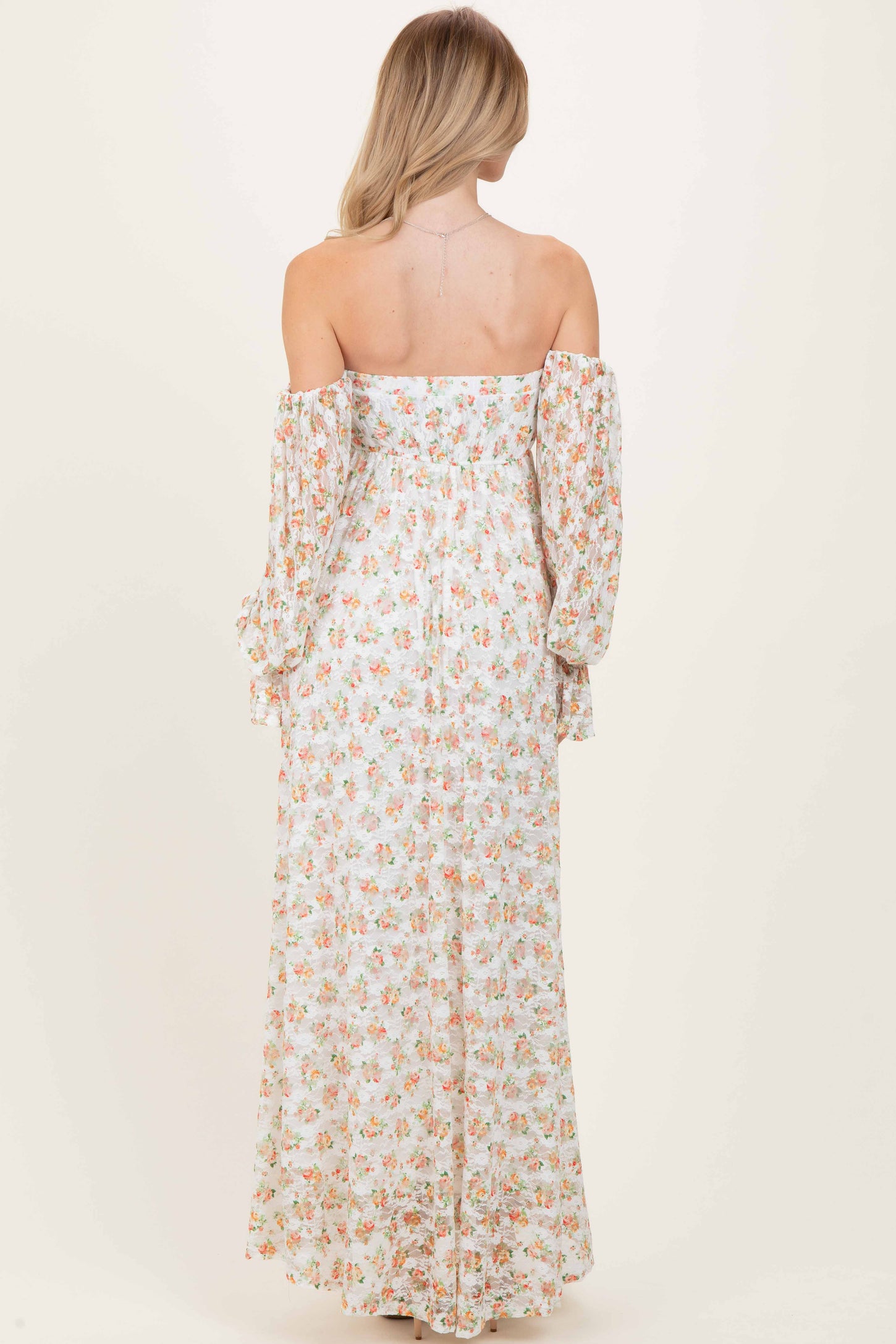 Orange Floral Lace Smocked Long Sleeve Off Shoulder Maxi Dress