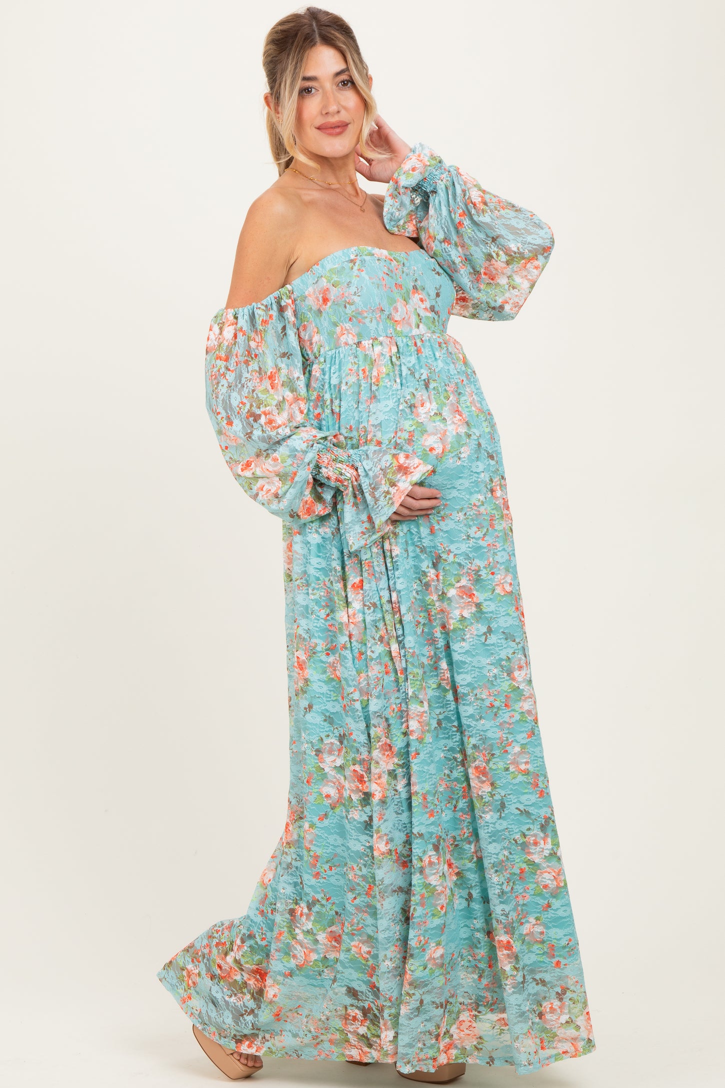 knee length dresses for ladies Mint Floral Lace Smocked Long Sleeve Off Shoulder Maternity Maxi Dress –  PinkBlush